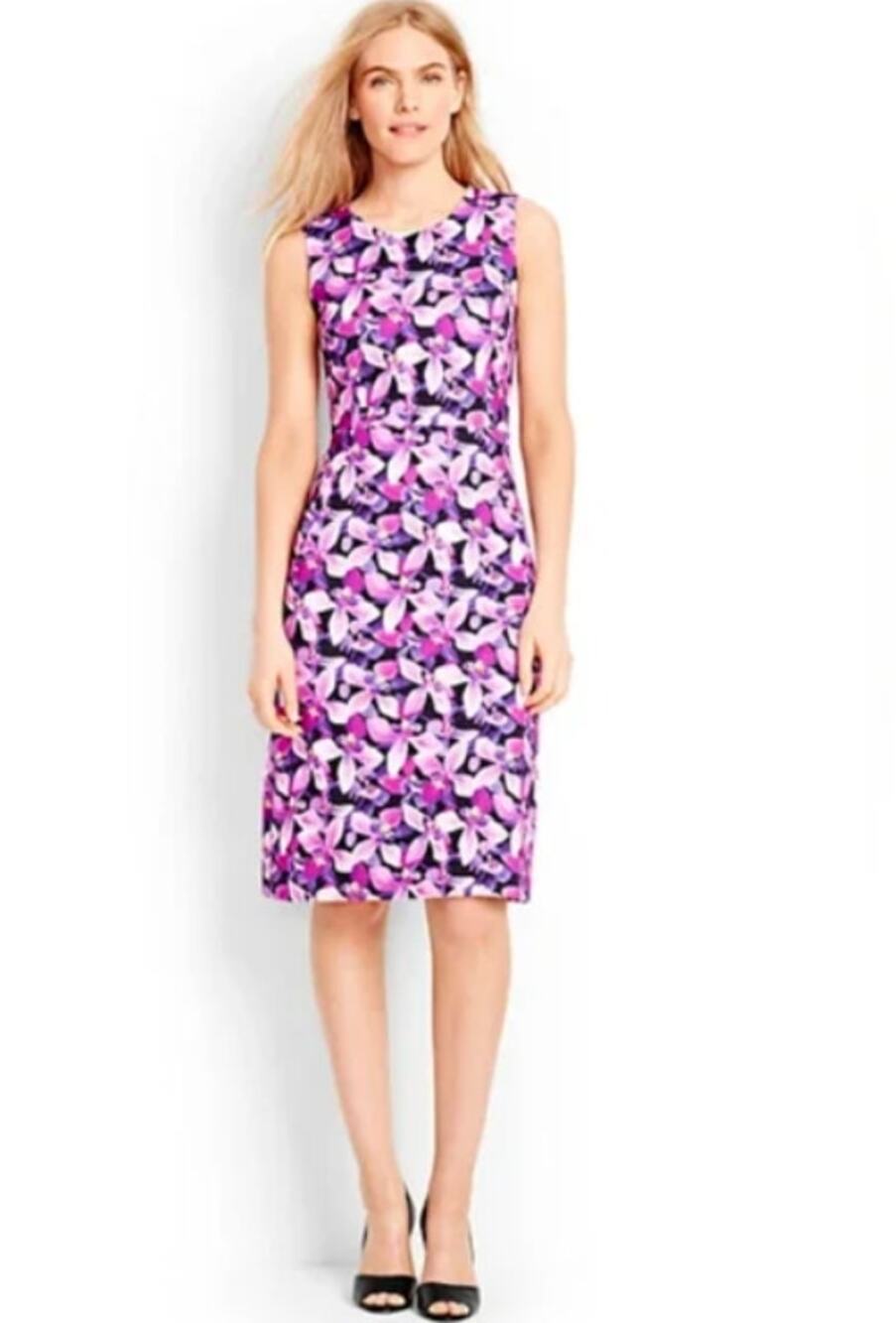Lands' End Womens 10 Dress Knee Length Sleeveless Purple Iris Floral Stretch